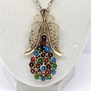 VINTAGE Unique Multicolor Pear Shaped Large Gold Tone Pendant Necklace